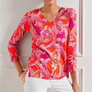 Talbots 3X V-Neck Knit 3/4 Sleeve Floral Paisley Top, Orange  & Pink Sweater